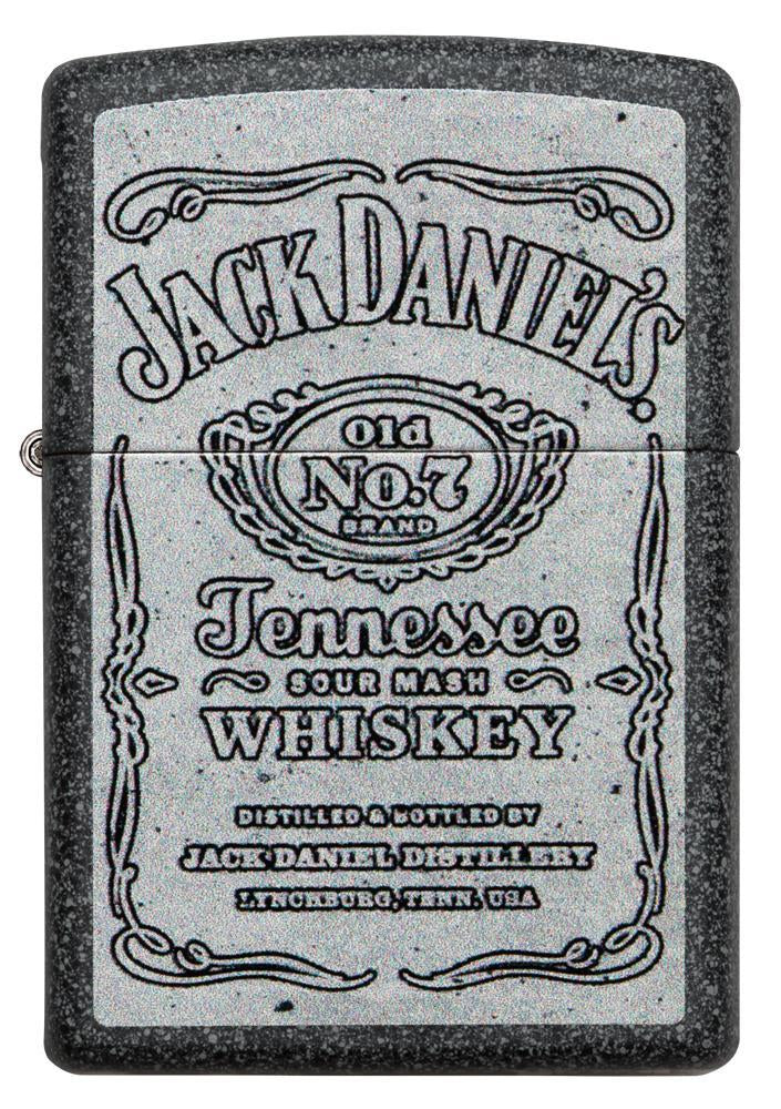Vue de face briquet Zippo gris avec grand logo Jack Daniel's