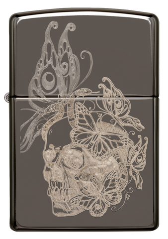 Vista frontal del mechero a prueba de viento Zippo Skull Butterfly Design