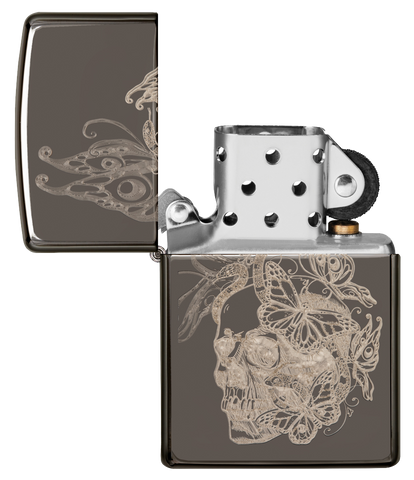 Vista frontal del mechero a prueba de viento Zippo Skull Butterfly Design apagado, sin llama