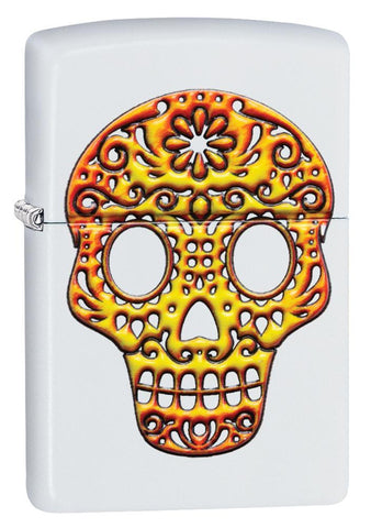 Vue de face 3/4 briquet Zippo blanc avec tête de mort mexicaine