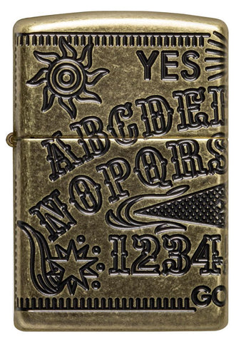 Vue de face briquet Zippo laiton antique gravure à 360° planche de Ouija