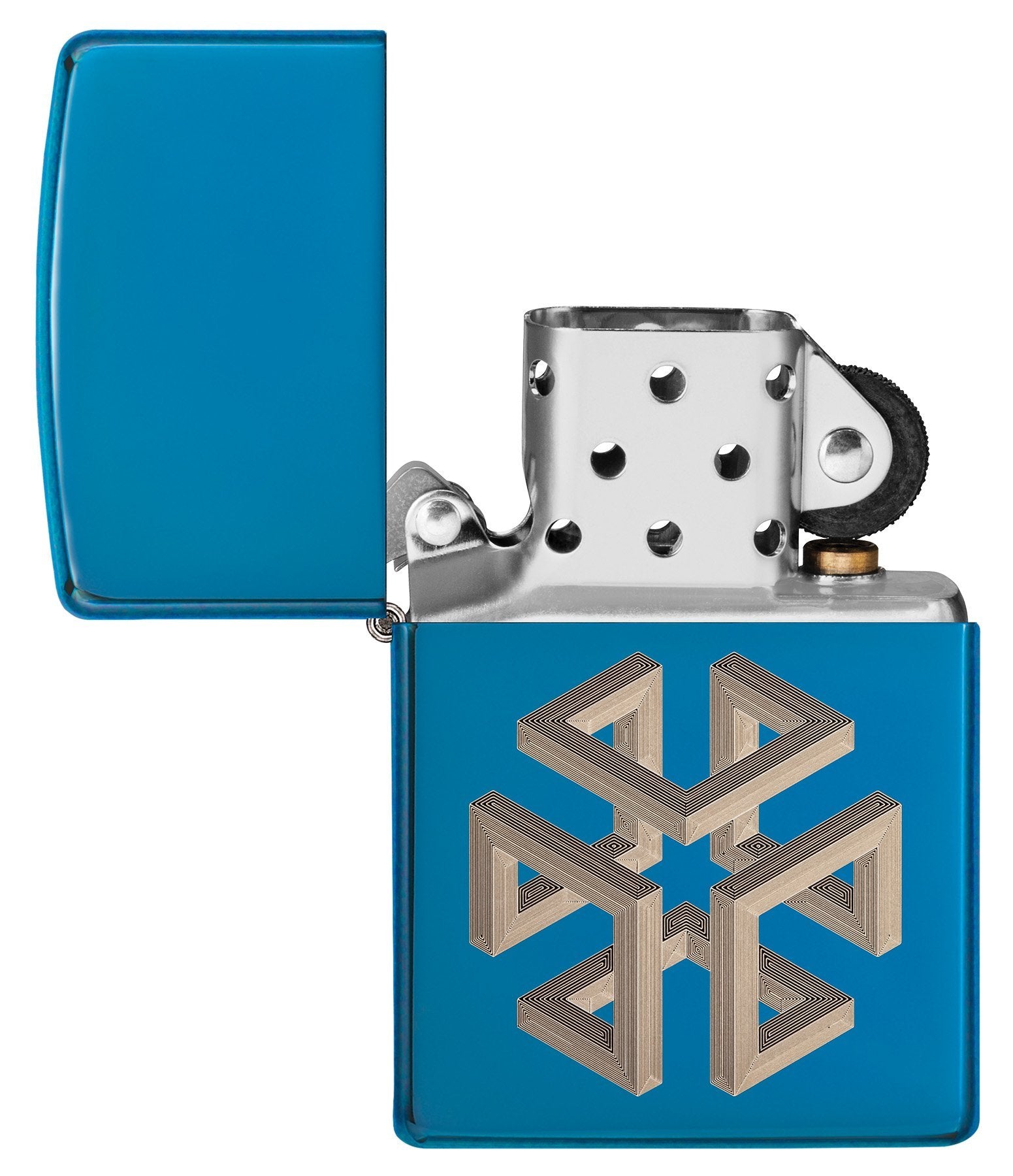Briquet Zippo bleu haute brillance carré illusion d'optique, ouvert