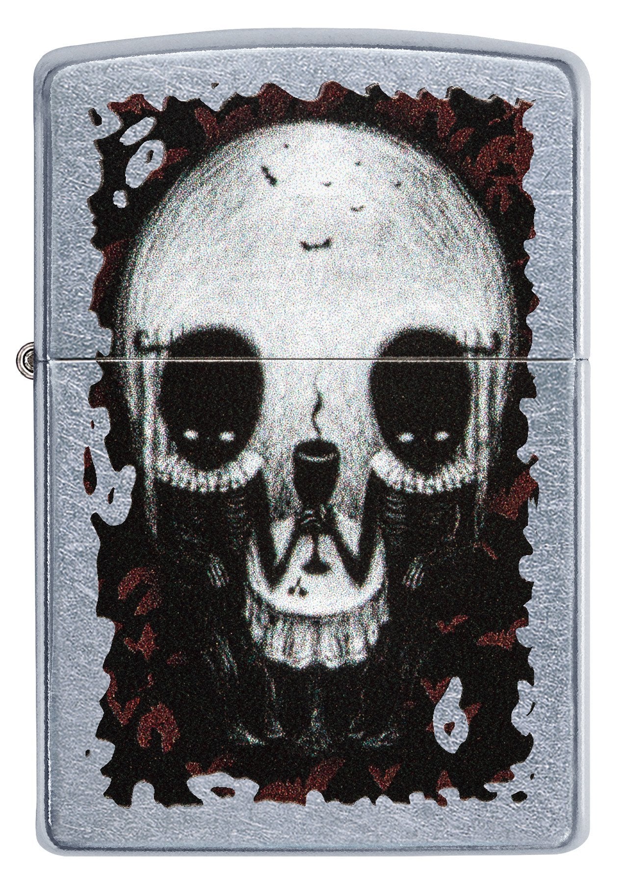 Vue de face briquet Zippo chromé illusion d'optique tête de mort