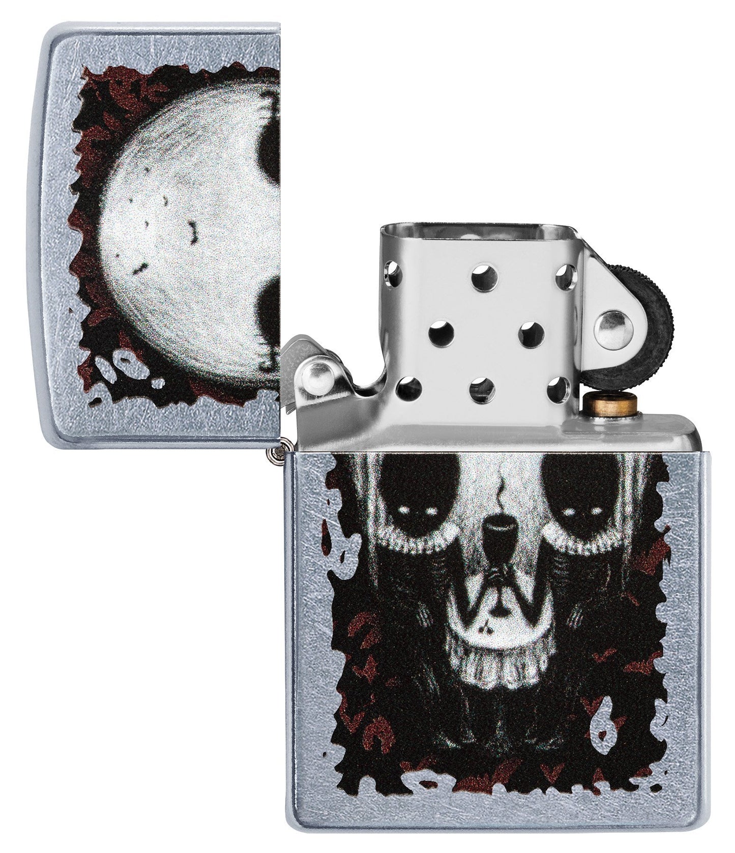 Briquet Zippo chromé illusion d'optique tête de mort, ouvert