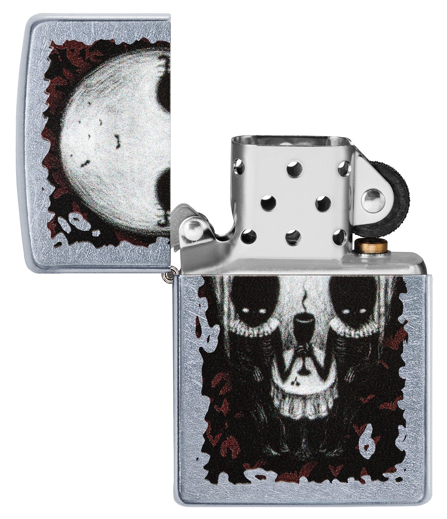Briquet Zippo chromé illusion d'optique tête de mort, ouvert
