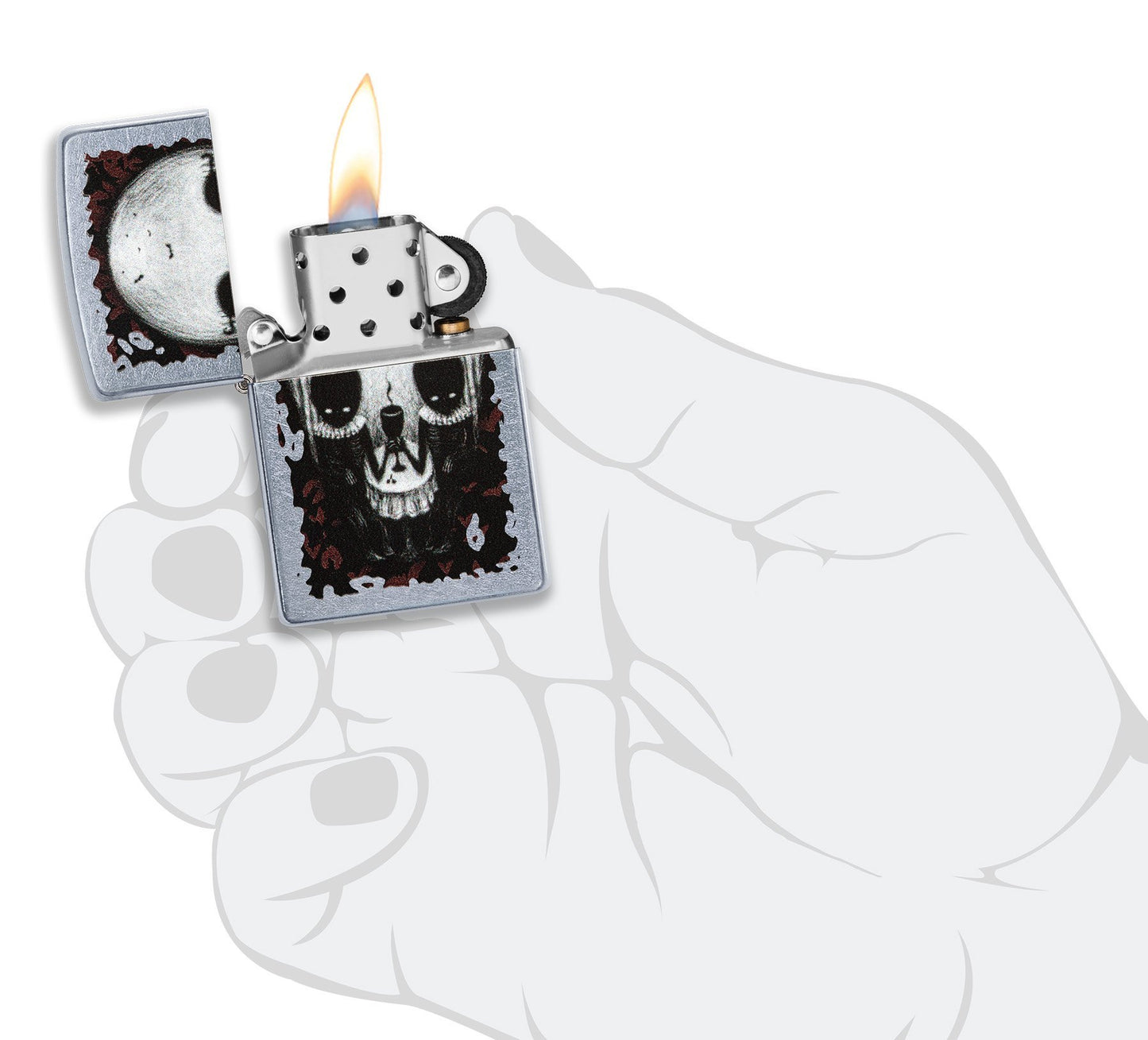 Briquet Zippo chromé illusion d'optique tête de mort, ouvert avec flamme dans une main stylisée