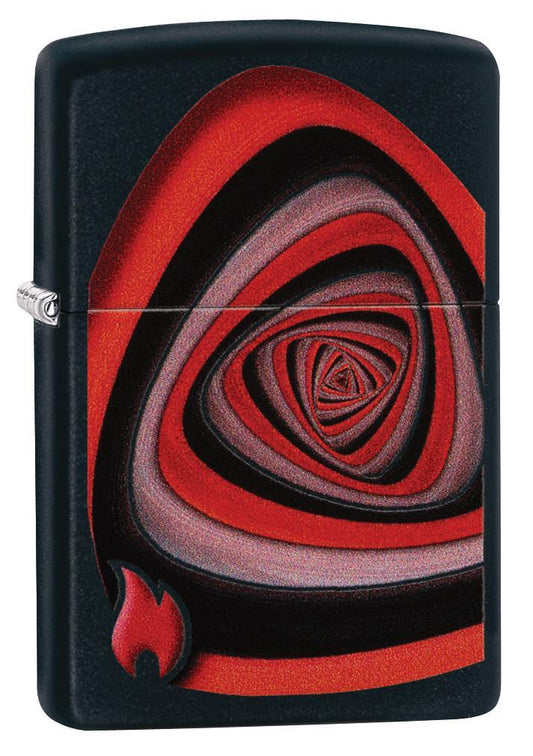 Vue de face 3/4 briquet Zippo tourbillon noir rouge noir