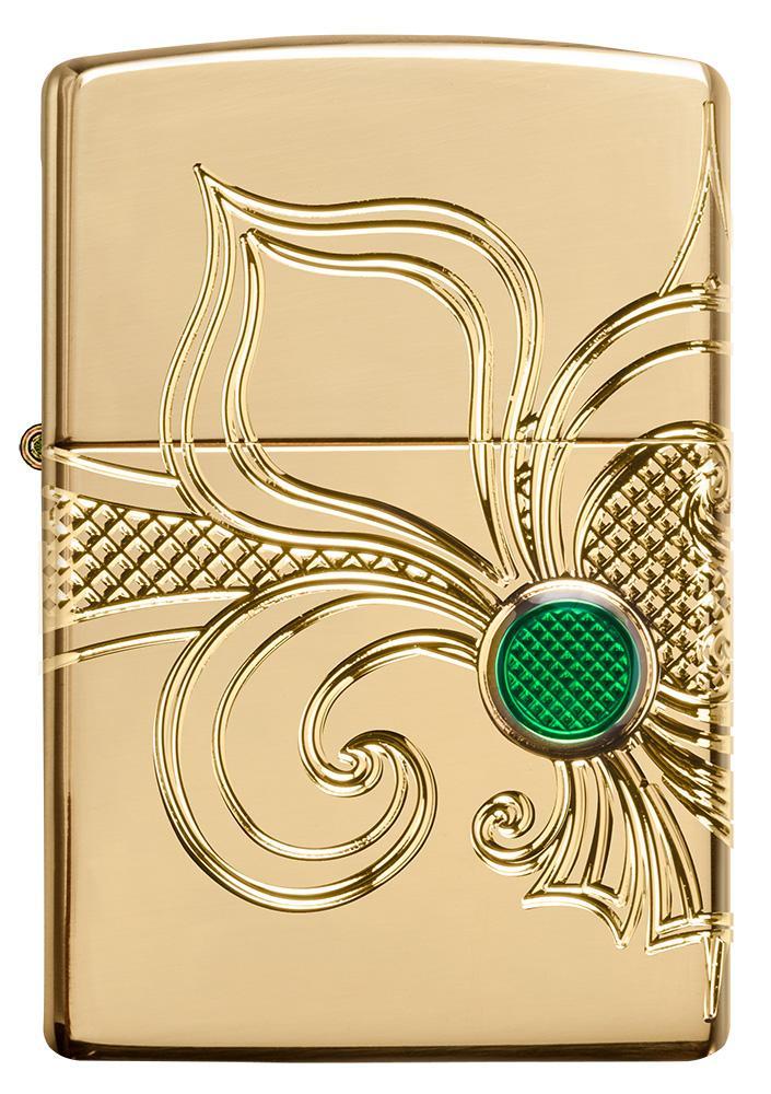 Vue de face briquet Zippo laiton haute brillance gravure profonde fleur de lis