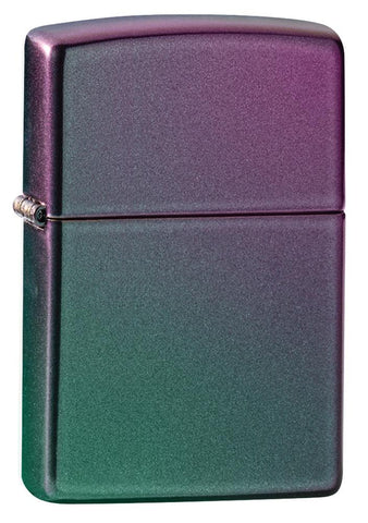 Vue de face 3/4 briquet Zippo violet vert