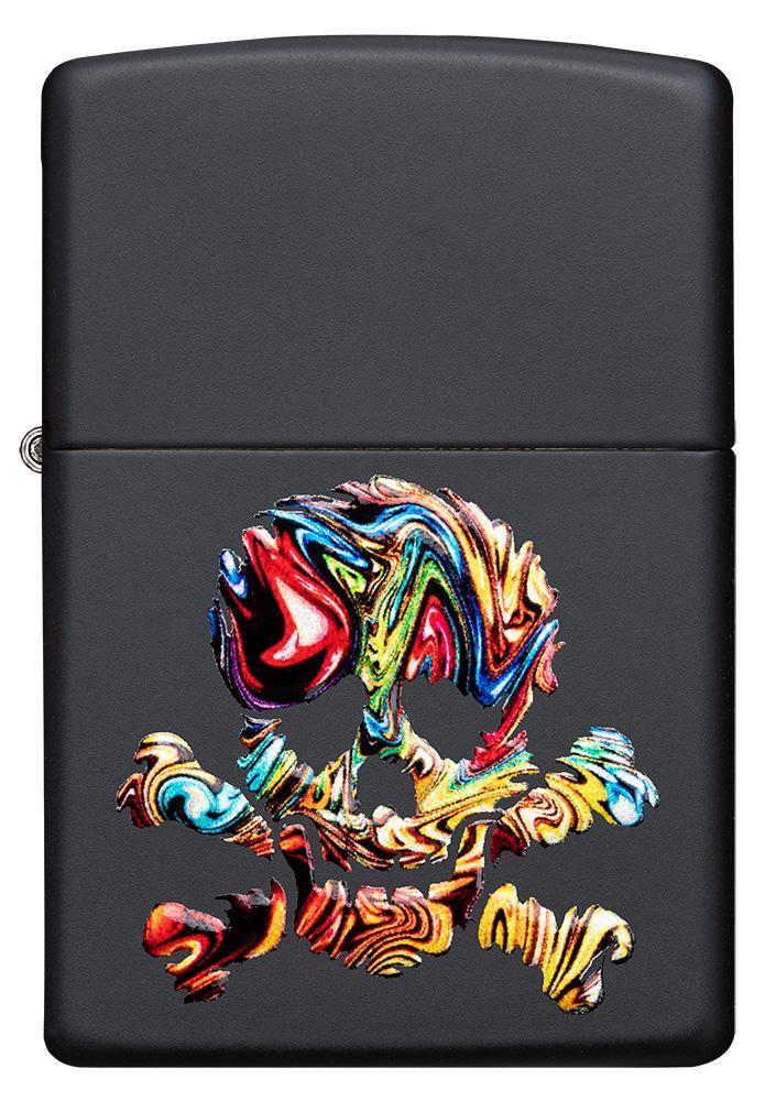 Vue de face briquet Zippo noir mat avec tête de mort multicolore