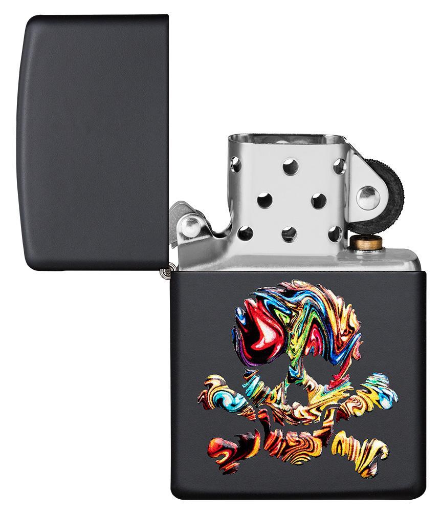 Briquet Zippo noir mat avec tête de mort multicolore, ouvert