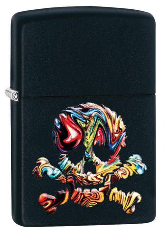 Vue de face 3/4 briquet Zippo noir mat avec tête de mort multicolore