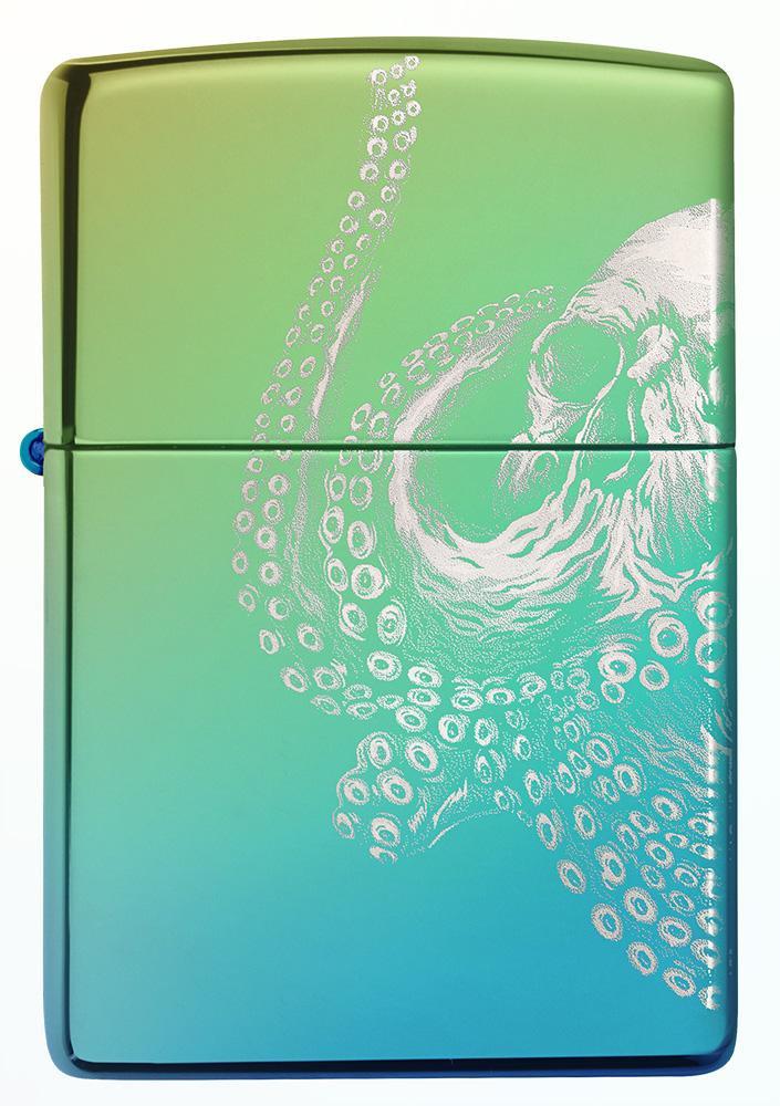 Vue de face briquet Zippo High Polish Teal 360° Photo Image avec pieuvre géante