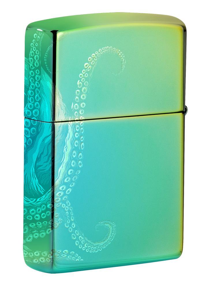 Vue de côté briquet Zippo High Polish Teal 360° Photo Image avec pieuvre géante
