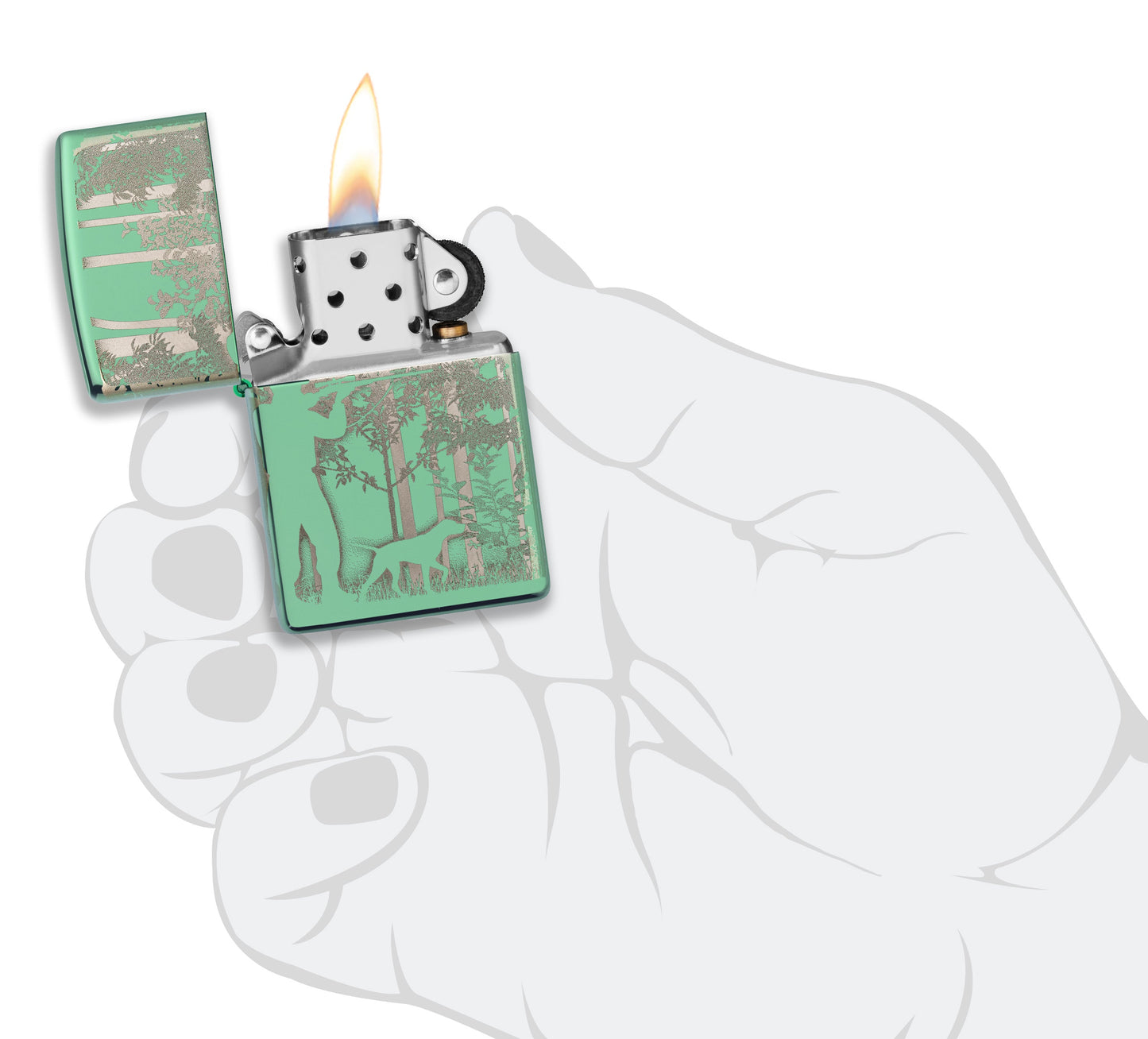 Mechero a prueba de viento Zippo Hunting Design en una mano para representar el tamaño del mechero