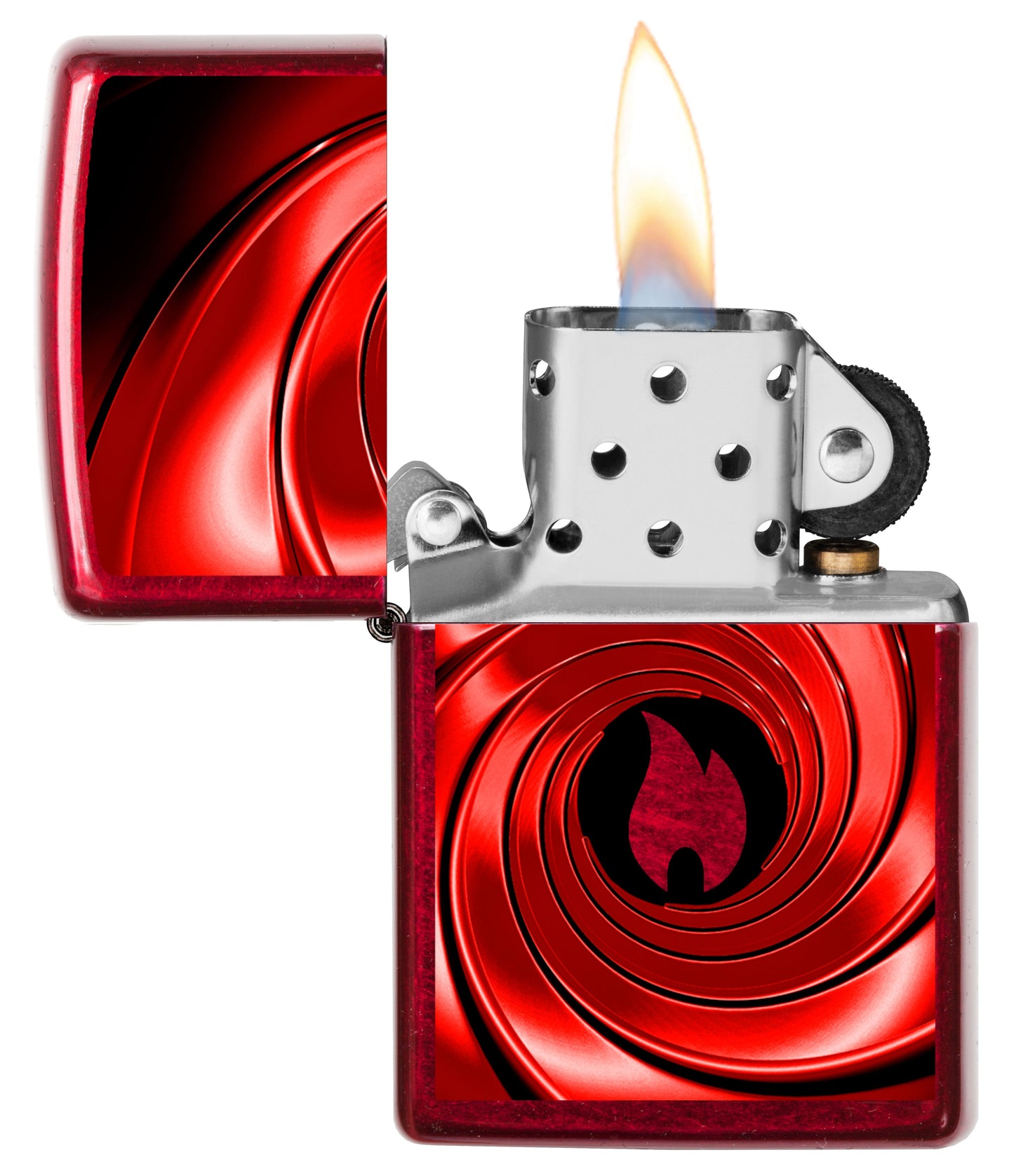 Vista frontal del mechero a prueba de viento Zippo Red Swirl Design abierto, con llama