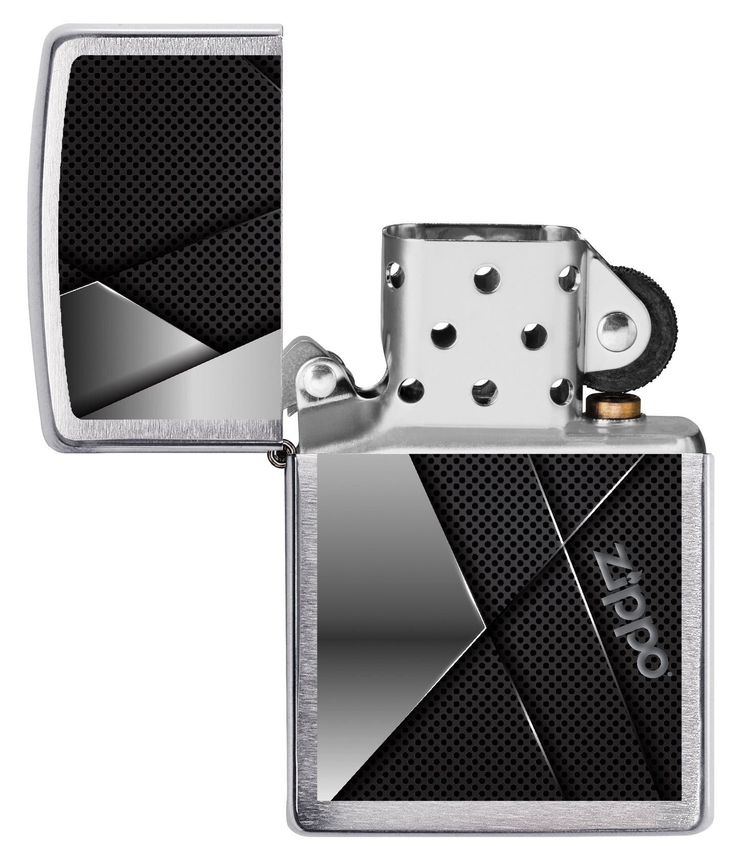 Vista frontal del mechero a prueba de viento Zippo Industrial Design apagado, sin llama