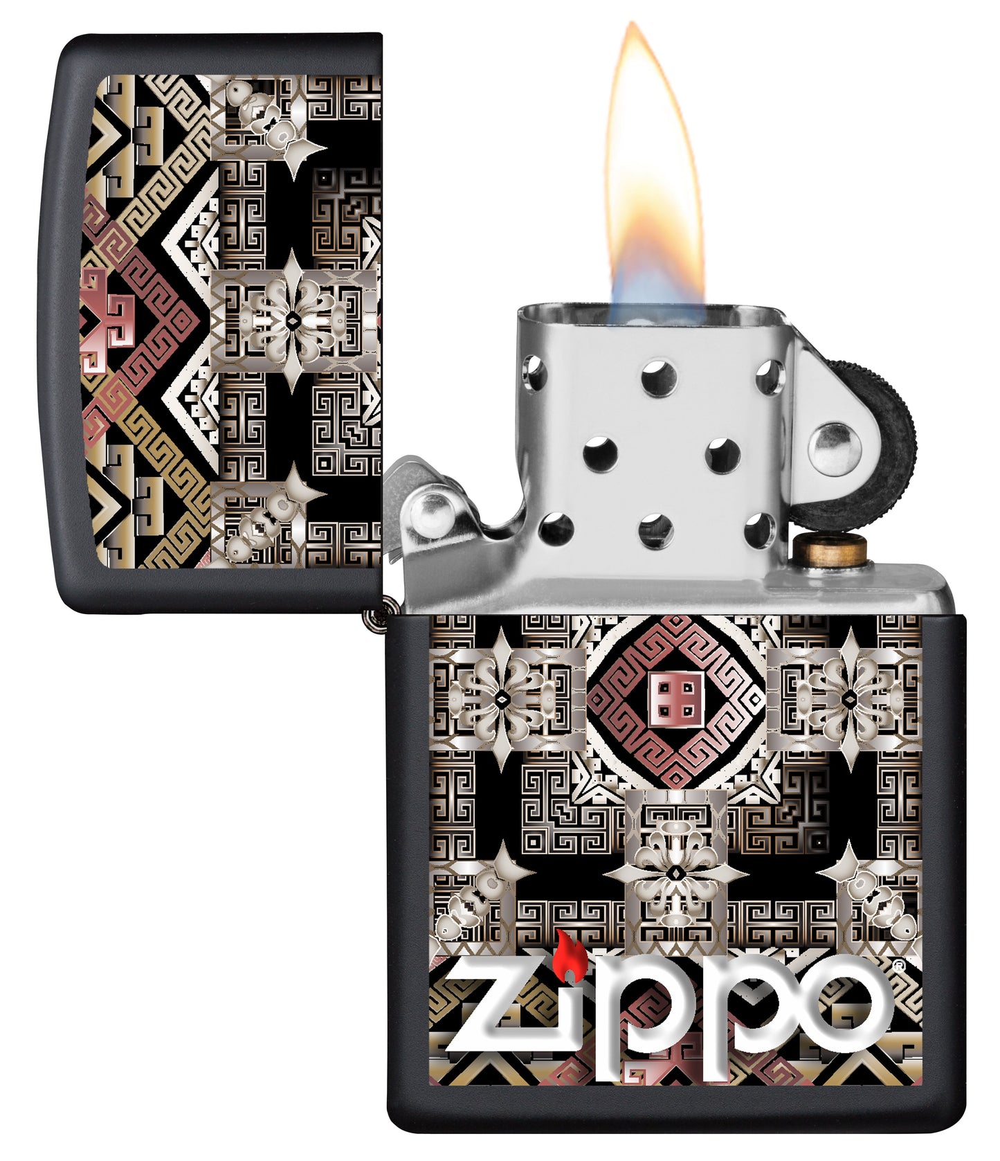 Vista frontal del mechero a prueba de viento Zippo Tribal Design abierto, con llama