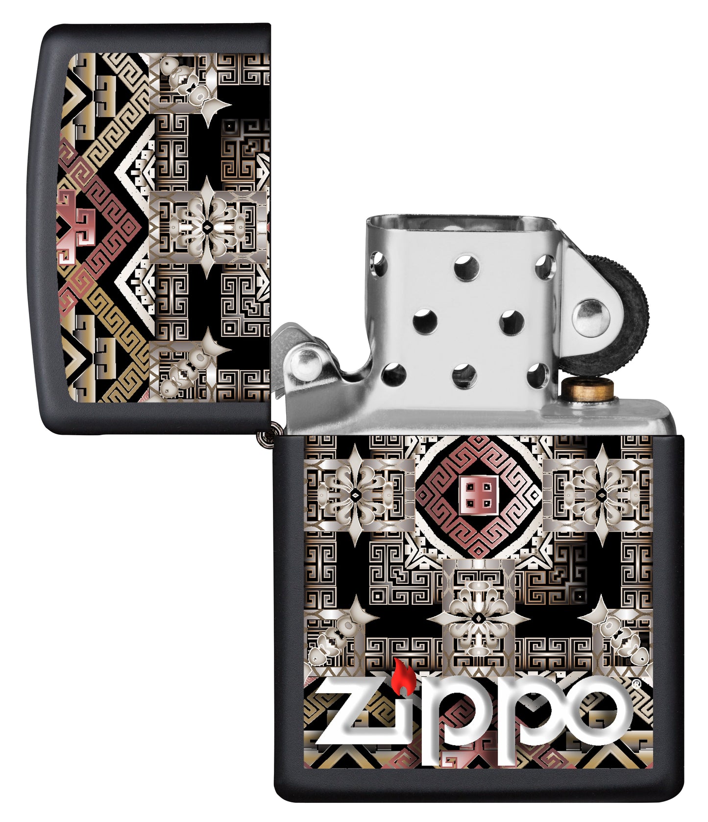 Vista frontal del mechero a prueba de viento Zippo Tribal Design apagado, sin llama