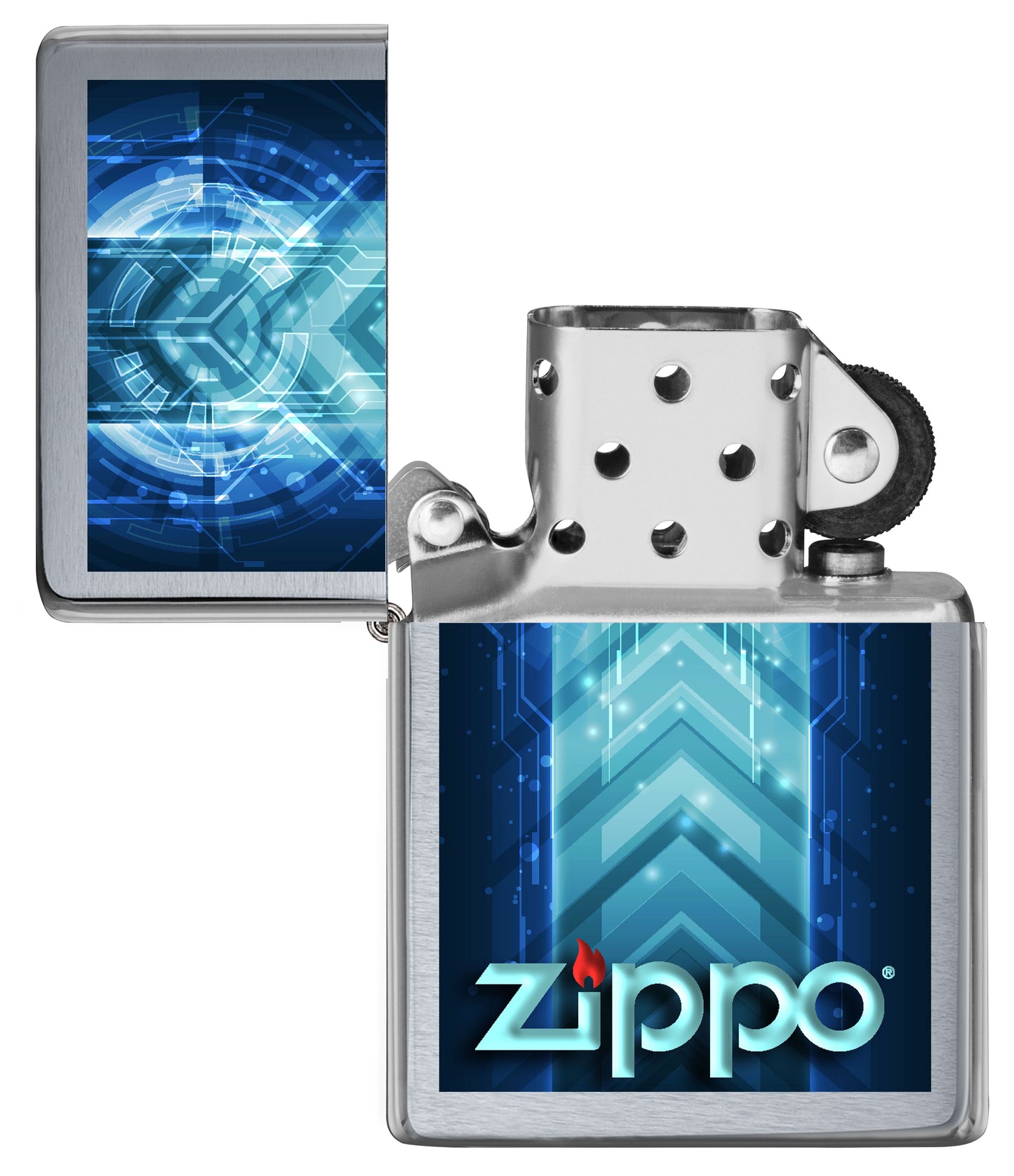 Vista frontal del mechero a prueba de viento Zippo Speed Design apagado, sin llama