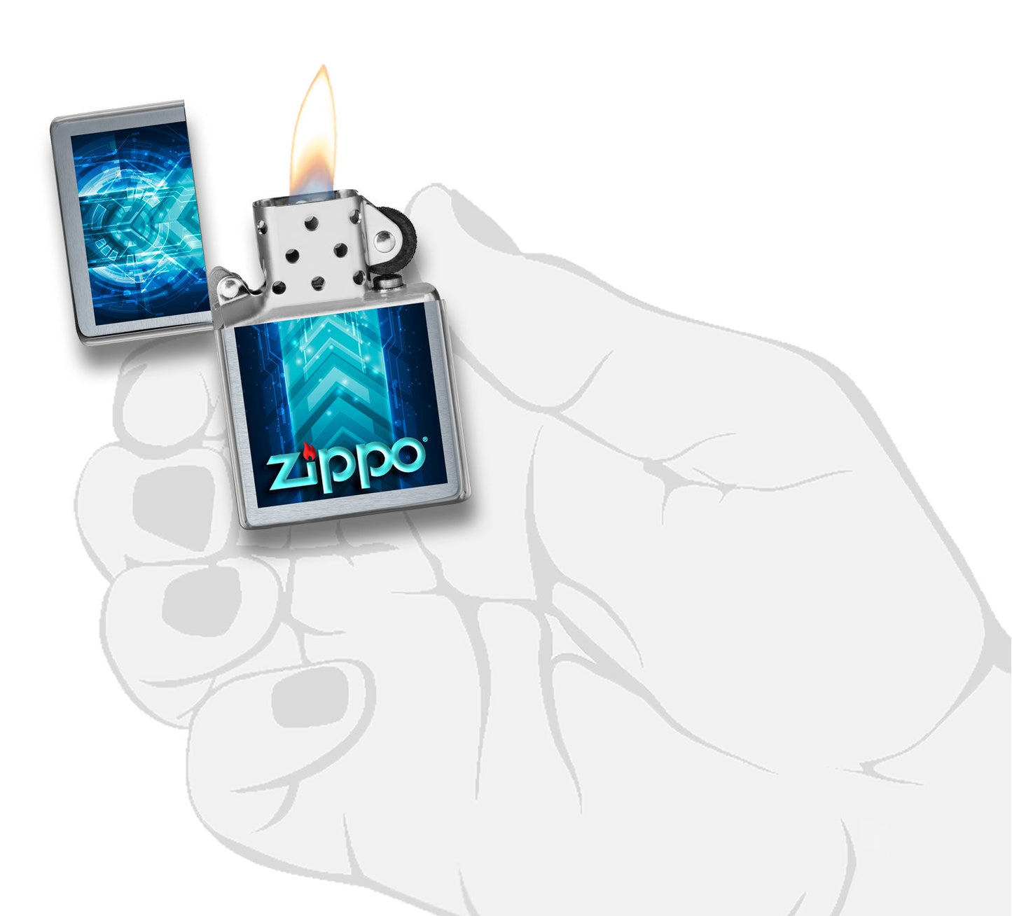 Mechero a prueba de viento Zippo Speed Design en una mano para representar el tamaño del mechero