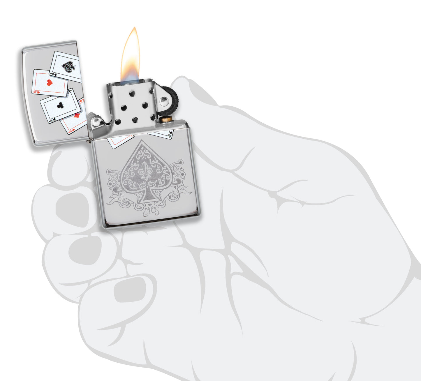 Mechero a prueba de viento Zippo Aces Design en una mano para representar el tamaño del mechero