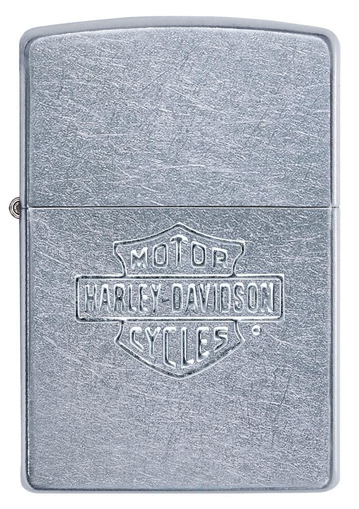 Vue de face briquet Zippo chromé avec logo Harley-Davidson