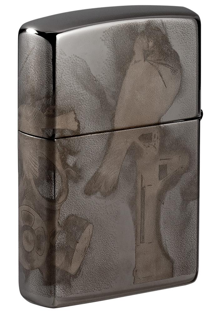 Vue de dos briquet Zippo noir haute brillance avec motif de l'artiste Spazuk