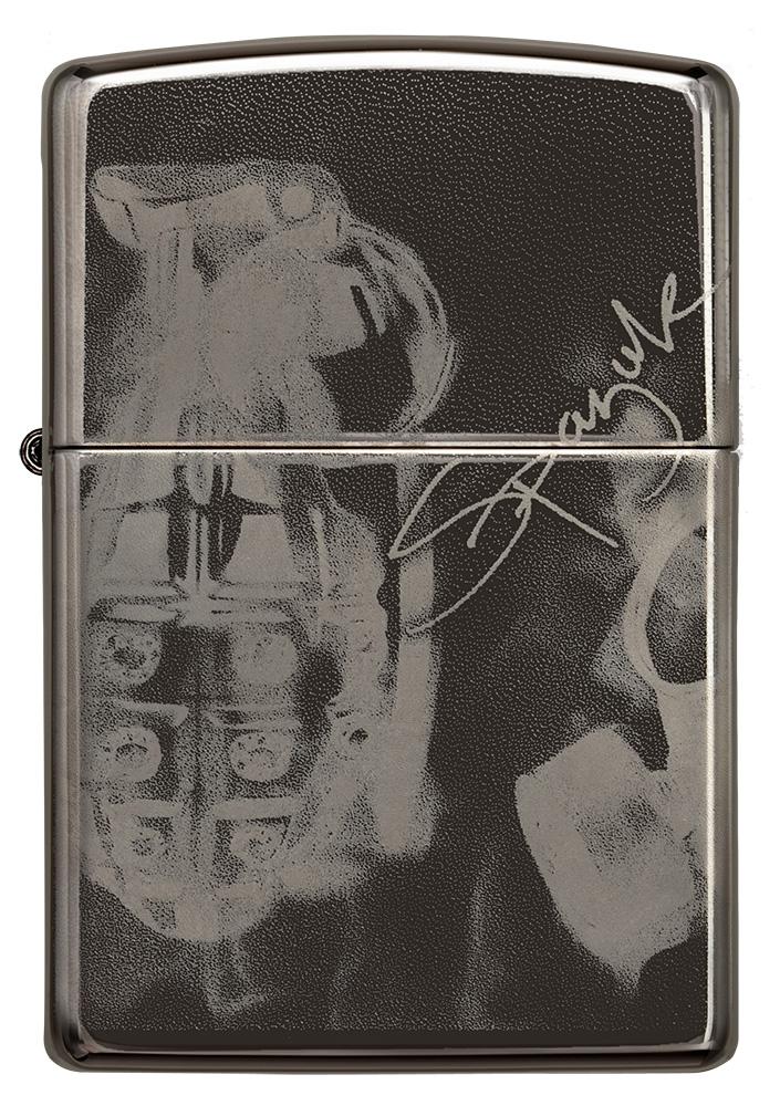 Vue de face briquet Zippo noir haute brillance avec motif de l'artiste Spazuk et sigtheme-nature