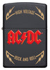 Vue de face briquet Zippo AC/DC noir mat, logo High Voltage Rock and Roll