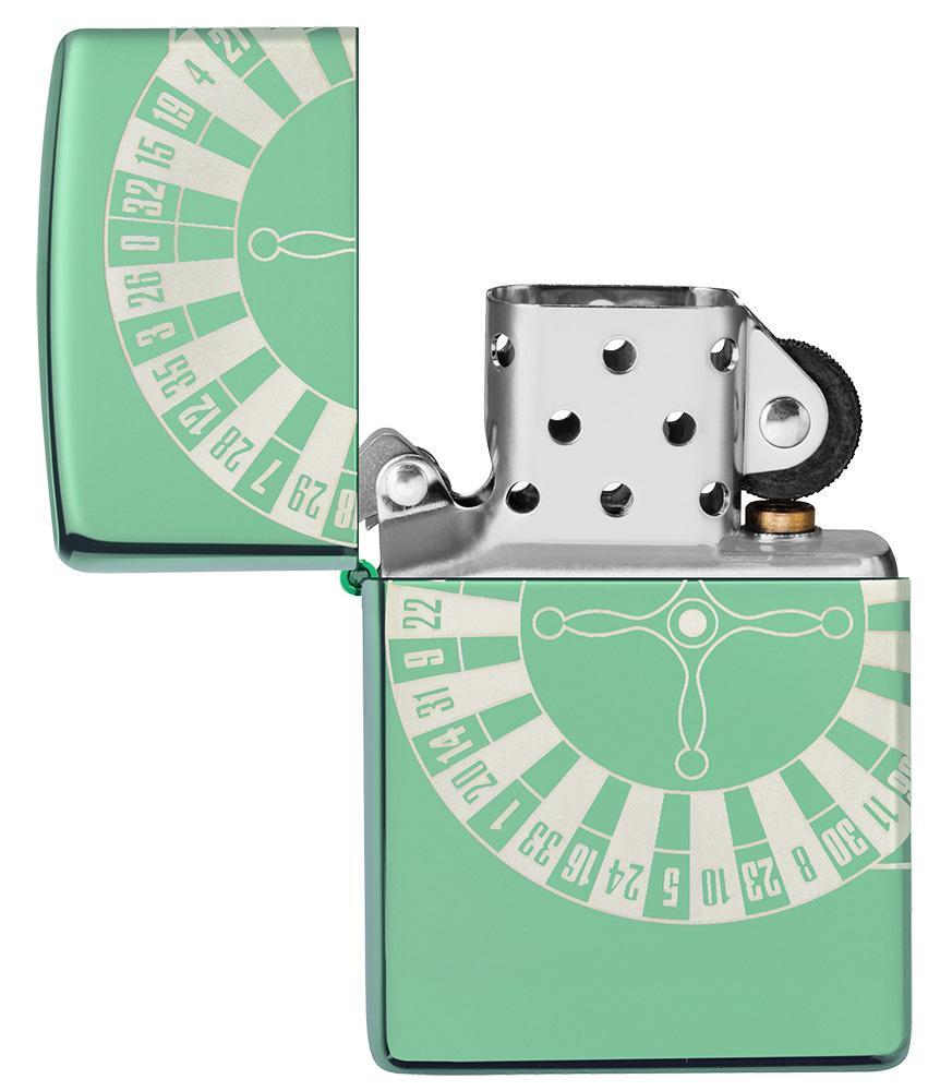 Briquet Zippo High Polish Green avec table de roulette, ouvert