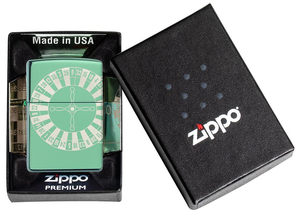 Briquet Zippo High Polish Green avec table de roulette, dans un carton ouvert