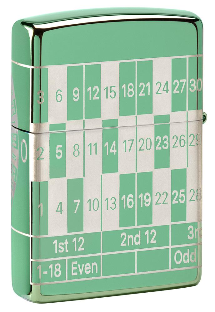 Vue de dos briquet Zippo High Polish Green avec table de roulette