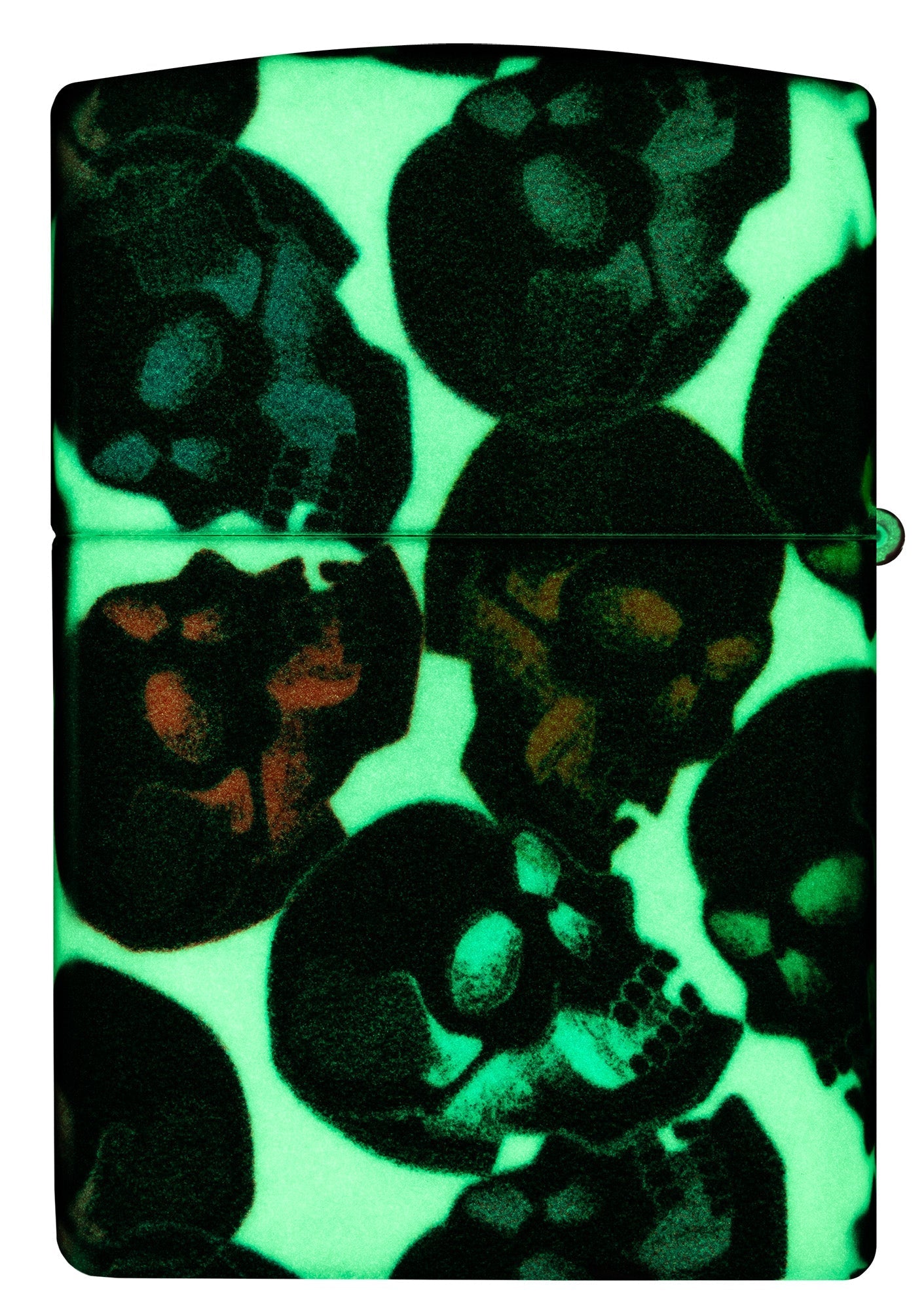 Vista trasera del encendedor Skulls Design con unas calaveras multicolores fosforescentes