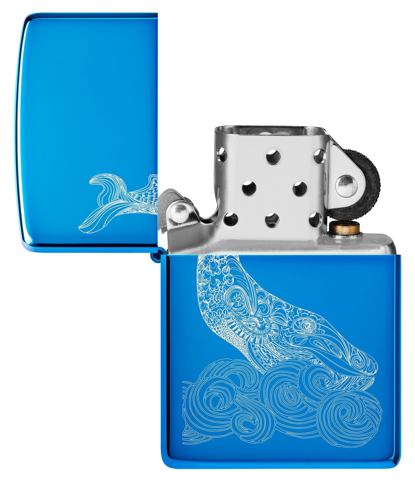 Encendedor Zippo Vista frontal Diseño de ballena azul claro brillante con una ballena grabada con olas redondas Abierto y sin encender