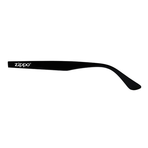 Vista frontal de las gafas Zippo en negro con el logotipo Zippo en blanco