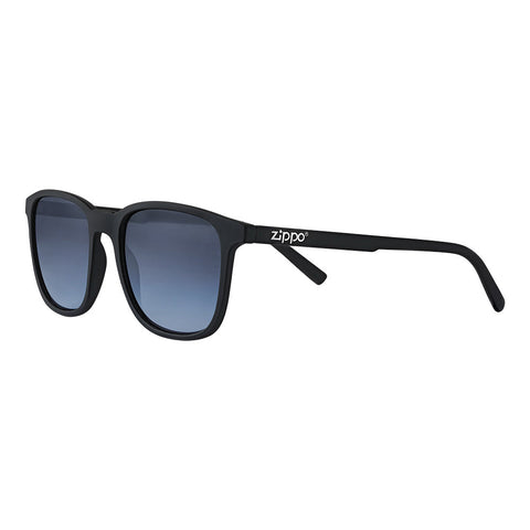 Gafas de sol Zippo de vista frontal ¾ de ángulo con lentes azules y marco cuadrado estrecho en negro con logotipo Zippo blanco