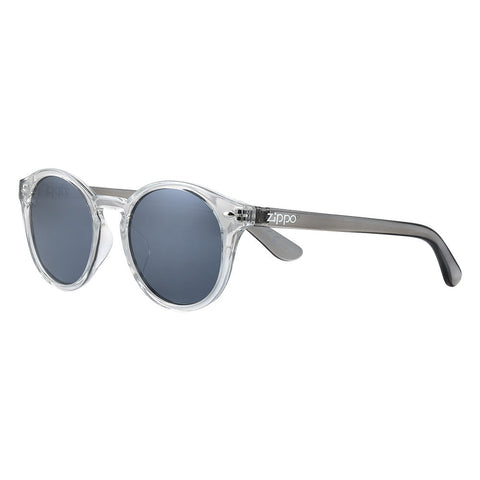 Gafas de sol Zippo vista frontal ¾ de ángulo con montura y lentes transparentes y patillas en gris