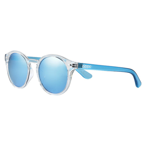 Gafas de sol Zippo vista frontal ¾ de ángulo con montura y lentes transparentes y patillas en azul claro