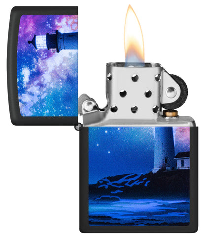 Diseño de faro bajo un cielo estrellado