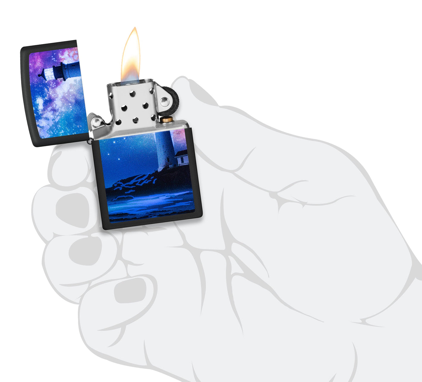 Diseño de faro bajo un cielo estrellado