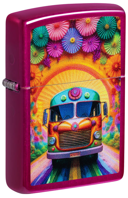 A magenta-pink Zippo-style lighter with a colorful psychedelic print on the front. The design features a retro bus in orange, yellow, and green, surrounded by a rainbow arch and multicolored flower umbrellas at the top.