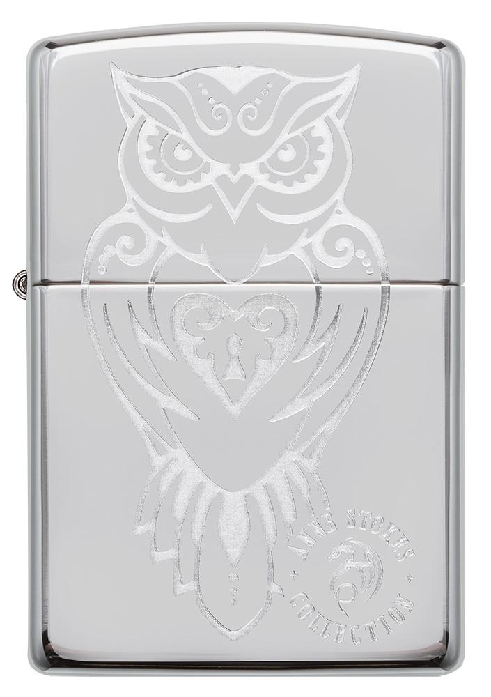 front of Anne Stokes Owl design High Polish Chrome windproof lighter