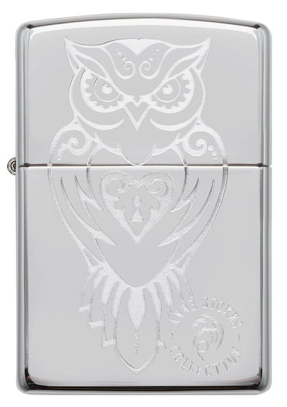 front of Anne Stokes Owl design High Polish Chrome windproof lighter