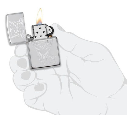 Anne Stokes Owl design High Polish Chrome windproof lighter lit in hand
