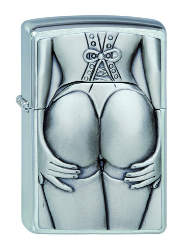 Vue de face briquet Zippo chromé emblème spécial femme sexy avec corset et bas