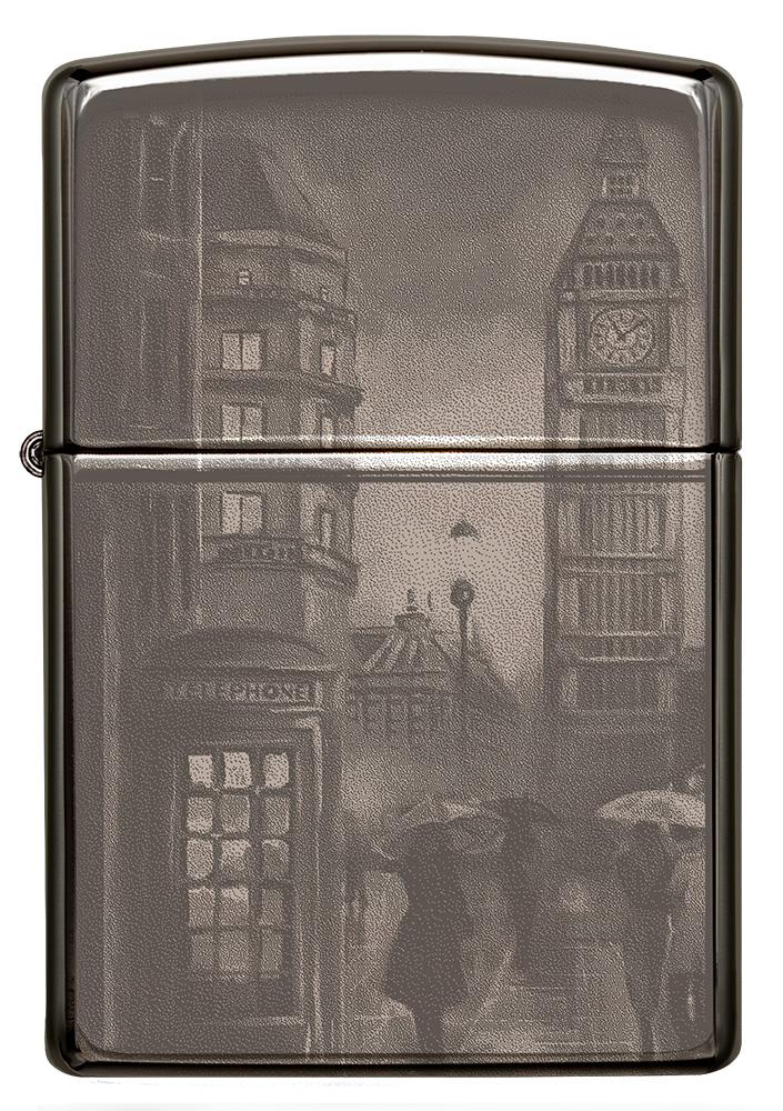Frontansicht Zippo Feuerzeug Black Ice mit Big Ben in London 360 Grad Photo Image Design