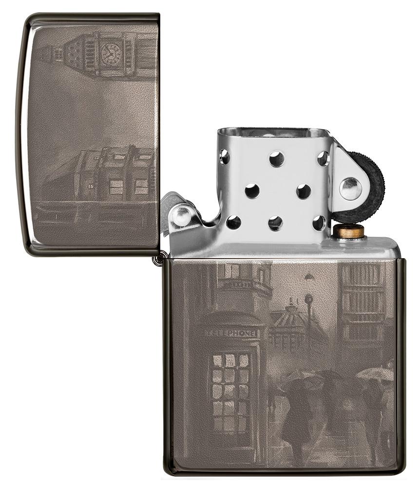 Zippo Feuerzeug Black Ice mit Big Ben in London 360 Grad Photo Image Design geöffnet ohne Flamme