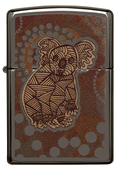 Encendedor Zippo vista frontal Black Ice® con ilustración coloreada de un koala al estilo del arte aborigen.