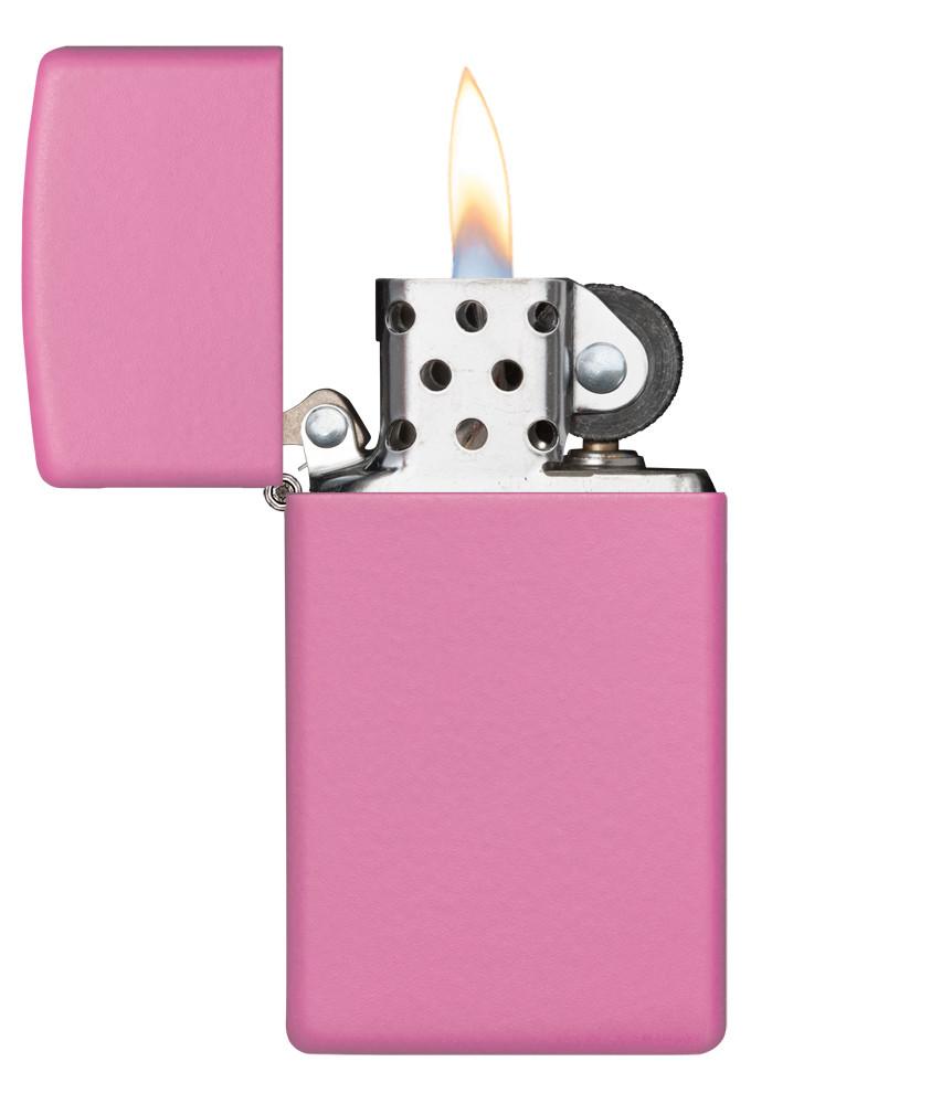 Briquet Zippo Slim Pink Matt, ouvert avec flamme